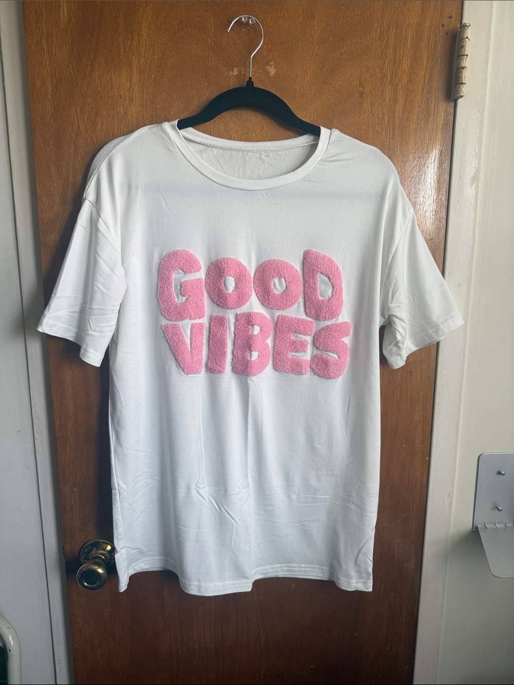 "Good Vibes" White T-Shirt with Pink Puffy Lettering